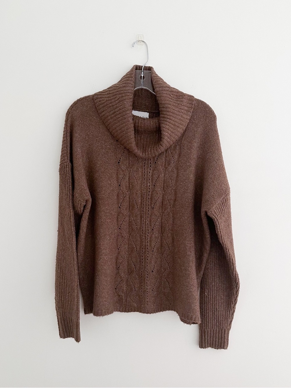 NWT Cocoa Brown Cowl Neck Cable Knit Sweater Super Soft Size Large Quiet Luxury